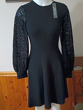 Lela Rose Black Ribbed Fit-and-Flare Dress with Lace Long Sleeves